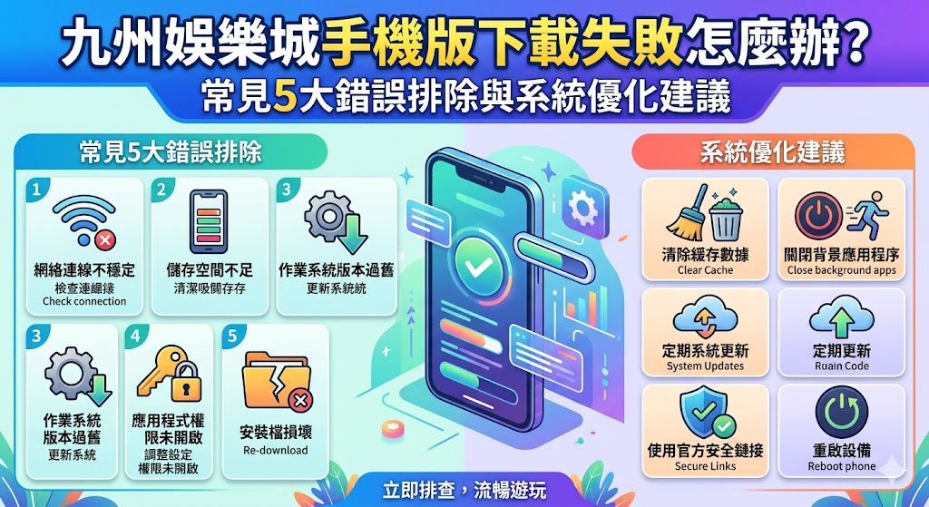 九州娛樂城手機版下載失敗怎麼辦？常見5大錯誤排除與系統優化建議